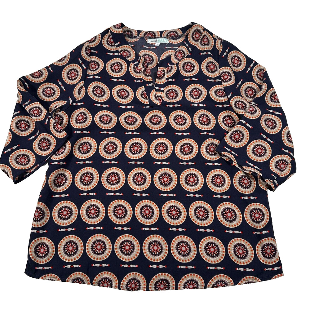 Sweet Salt V-Neck Blouse Womens Size Large Blue Medallion Fish Polyester Shirt